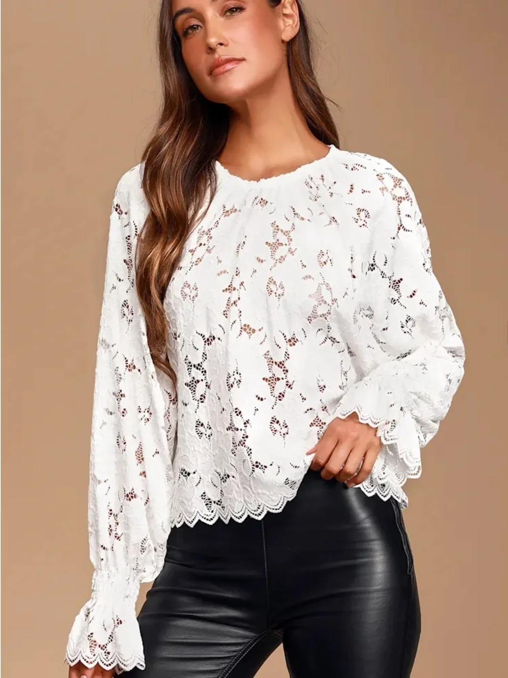 Free People Olivia Ivory Sheer Lace Long Sleeve Top Large Boho Cottage Festival